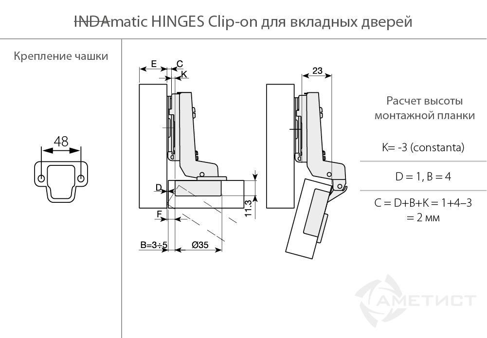 Петля Indamatic hinges 110град. d35мм для вкладных дверей clip-on, никель 319012061