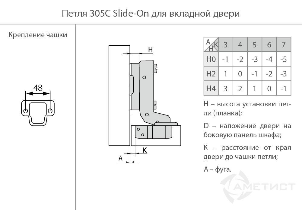 Петля 305 Slide-On D35мм для вкладных дверей с м.планкой H2мм HE305C.112NI