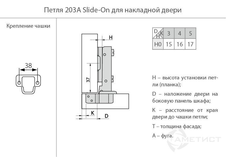 Петля 203 Slide-On D26мм для накладных дверей с м.планкой H0мм HR203A.110NI