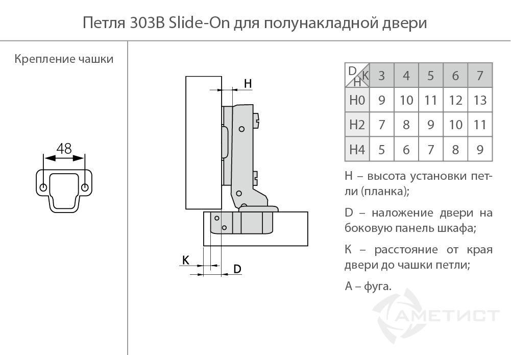 Петля 303 Slide-On D35мм для полунакладных дверей HR303B.100NI