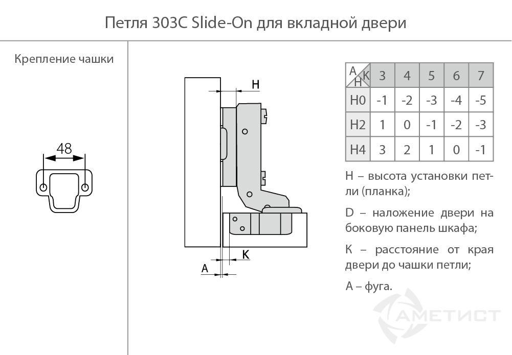 Петля 303 Slide-On D35мм для вкладных дверей HR303C.100NI
